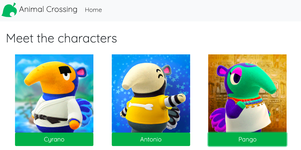 Animal Crossing characters homepage